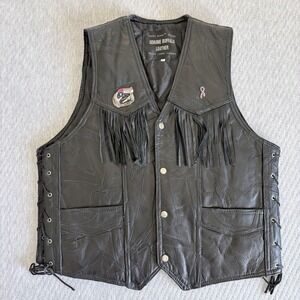 Navarre Black Buffalo Leather Italian Stone Fringe Motorcycle Biker Vest XXL 2XL